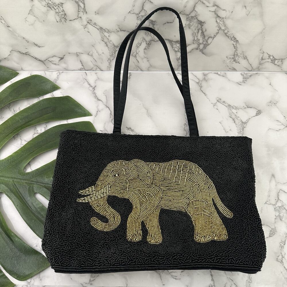 Vintage 90s Elephant Beaded Shoulder Bag Purse Black Gold Medium Satin Boho